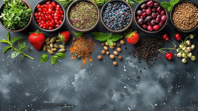 Top view of herbs spices and fruit used in herbal medicine in round wooden bowl on dark background, copy space.