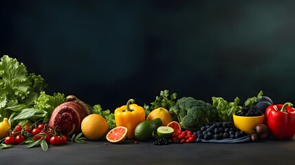 Vibrant Fruits and Vegetables on Black, To provide a visually appealing and high-quality image of fresh fruits and vegetables for use in advertising,