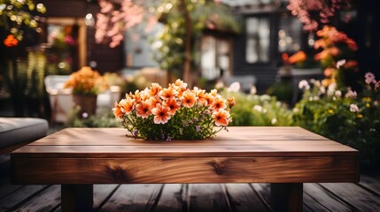 Wooden Coffee Table with Fresh Blooming Flowers on a Deck, To provide a high-quality, visually appealing image of a wooden coffee table with fresh - obrazy, fototapety, plakaty
