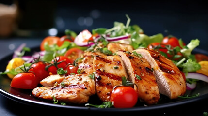 Grilled chicken breast, fillet and fresh vegetable salad. Healthy lunch menu
