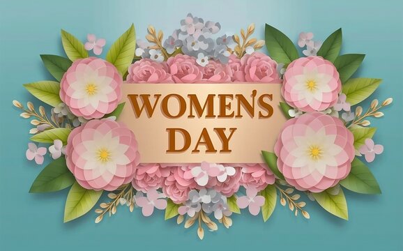 Happy "Women's Day"! Paper art-style floral arrangements. generative, illustration, typography, painting