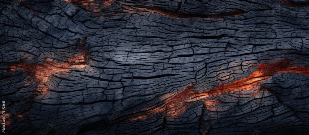 Poster detailed close-up displaying the intricate texture of burnt wood on a tree. the bark features unique