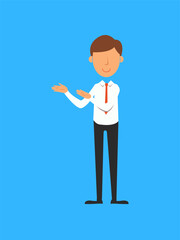 Businessman presenting something on blue background. Flat style vector illustration.