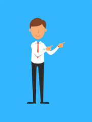 Businessman pointing at something. Vector illustration in a flat style.
