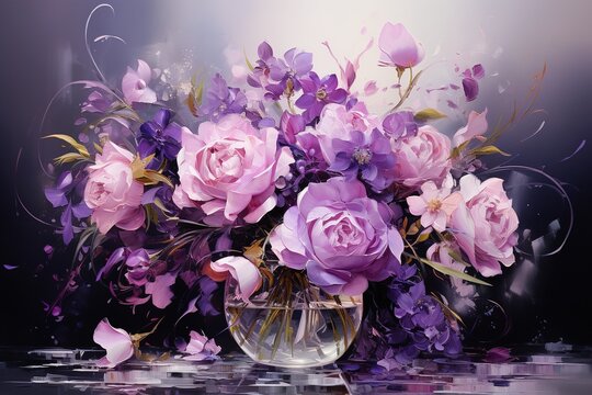 Purple flower bouquet splash oil painting with Generative AI
