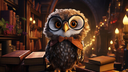 Engaging closeup of a charming owl as a librarian sorting books in an enchanting library environment
