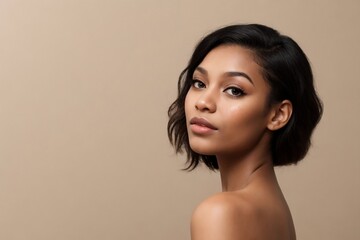 Young black woman model posing on a beige background with copy space for advertisement. 