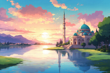Fototapeta na wymiar A mosque with a lake beside it at sunset. Without people. In anime style