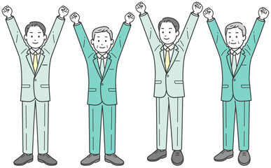 両手でガッツポーズをするビジネスマン全身