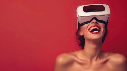  Portrait of  woman wearing white augmented virtual reality glasses on  color  background
 - obrazy, fototapety, plakaty