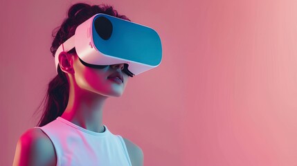 Portrait of  woman wearing white augmented virtual reality glasses on  color  background
 - obrazy, fototapety, plakaty