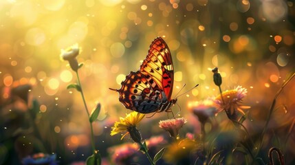 Brightly colored butterfly adorns a flower with its presence in a sunlit meadow. generative ai - obrazy, fototapety, plakaty