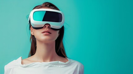  Portrait of  woman wearing white augmented virtual reality glasses on  color  background
