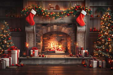 The living room, which has a fireplace with red firewood burning, is decorated for Christmas. Christmas or Happy Holidays celebration concept.