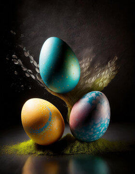 Easter, colorful Easter eggs lying on the table, dark background