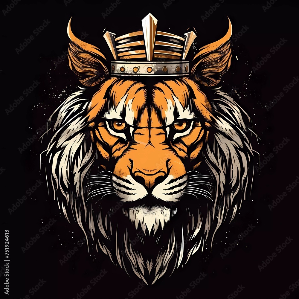 Poster tiger in crown on shield with minimalist background. generative ai