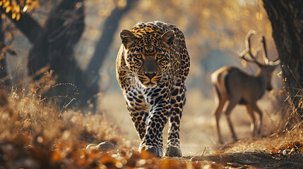 leopard chasing deer - obrazy, fototapety, plakaty