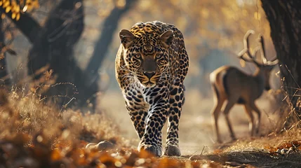 Fotobehang leopard chasing deer © Dicky
