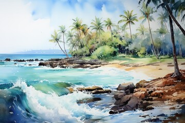 Sea Beach stone coconut tree watercolor with Generative AI