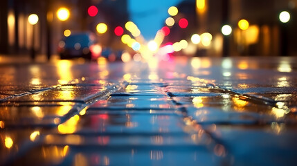 Fototapeta na wymiar Bright bokeh city lights reflected on wet road surface