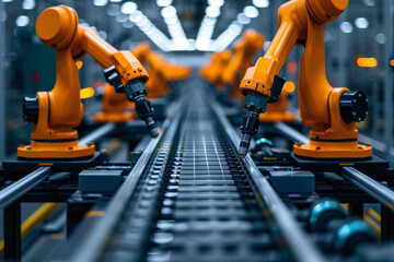 A state-of-the-art manufacturing line, emphasizing the automation processes and the tech overlay on user-friendly interfaces, highlighting the futuristic and efficient production environment
