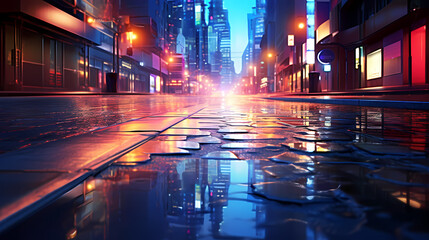 Bright bokeh city lights reflected on wet road surface