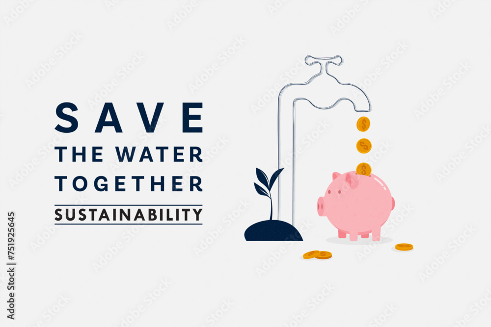 Aufkleber save water concept. piggy bank with drop of coins from faucet. sustainable ecology and environment c