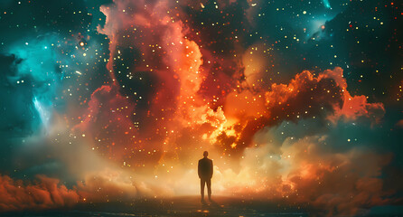 man in front of a starry sky - obrazy, fototapety, plakaty