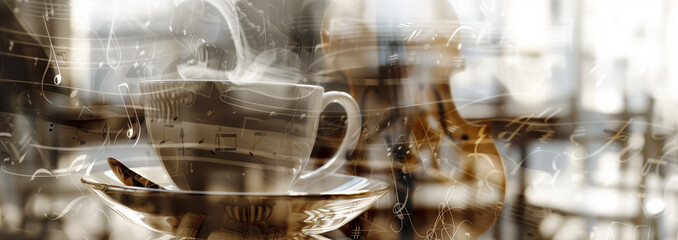 Double exposure of coffee and musical instrument, harmonizing the rich notes of coffee with the symphony of melodies. - 751925624