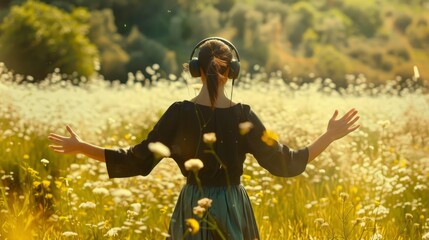 woman twirling in a meadow, headphones on generative ai