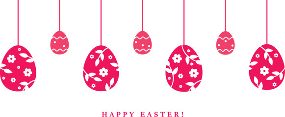 Easter banner of red hanging eggs ornaments with and a festive message of Happy Easter.
