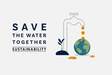 Save Water Concept. The Earth Globe with drop of coins. Sustainable ecology and environment conservation concept design. Vector illustration.