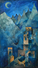 Village in the Mountains at Night Cubist Blue Moon Golden Light Candlelight 