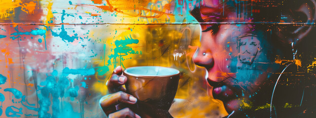 Vibrant synergy of a person enjoying coffee and colorful street art, a feast for the senses. - 751925883