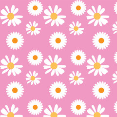 Seamless pattern with daisy flower and hand drawn hearts on pink background vector file  illustration. Cute floral print. 