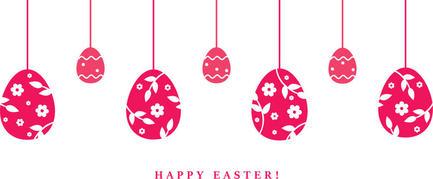 Easter banner of red hanging eggs ornaments with and a festive message of Happy Easter.
