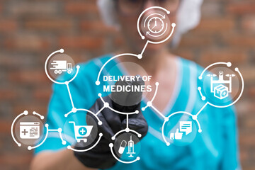 Doctor or pharmacist using virtual screen presses text: DELIVERY OF MEDICINES. Delivery service medicine pharmacy concept. Clinic or drugstore supply chain. Medical product, services distribution.