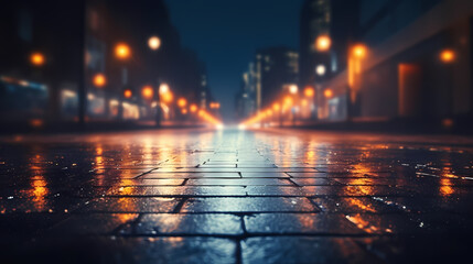Fototapeta na wymiar Rainy city street at night, bokeh lights background