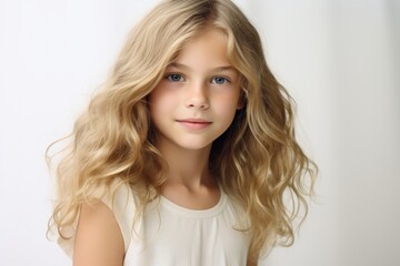 Beautiful little girl with long blond curly hair. Studio shot.