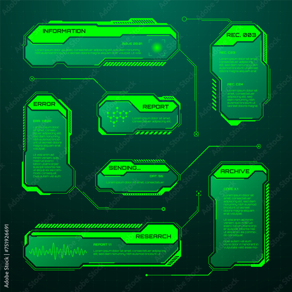 Poster green futuristic hud, ui elements. sci-fi user interface text boxes, callouts. warning message frame