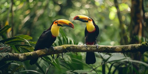 Two Toucan birds sitting on a branch in the forest