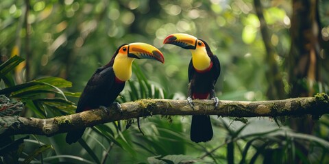 Fototapeta premium Two Toucan birds sitting on a branch in the forest