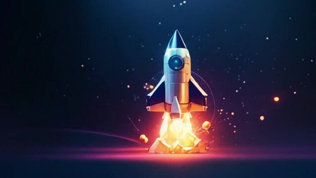 polygonal rocket Internet technology network, business startup concept with glowing low poly rocket. Futuristic modern abstract. Isolated on dark blue background