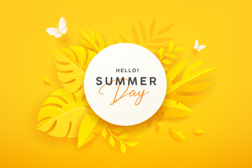 Hello Summer, yellow leaf paper cut shape, and white butterfly, white paper circle banner design on yellow background. EPS 10 Vector illustration
