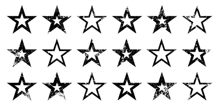 Vintage stars with cracks and stains. Old hand-drawn sign, black simple shape. Retro design element with distressed effect, grunge texture. Vector illustration