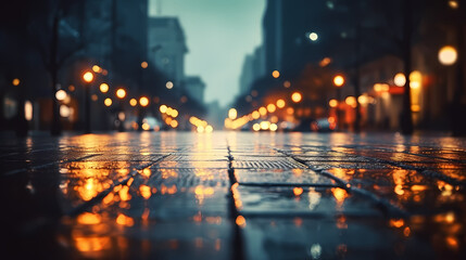 Fototapeta na wymiar Rainy city street at night, bokeh lights background