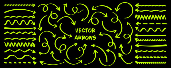 Hand drawn arrows, highlighter lines. Marker stroke, brush pen drawn underline. Handwritten text pointers, notes, marks. Vector illustration