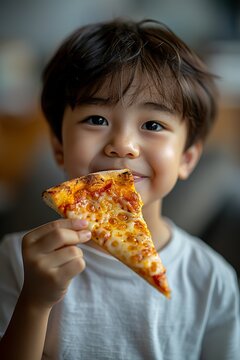 A child holding a small slice of pizza. Close-up of a delighted Chinese boy with a juicy piece of pizza in his hands.
