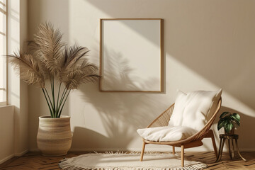 Boho room with beige wall and plants  - obrazy, fototapety, plakaty