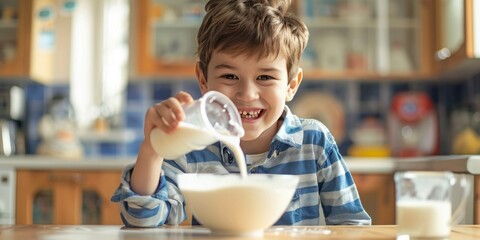 Boy pouring milk in bowl on table at home